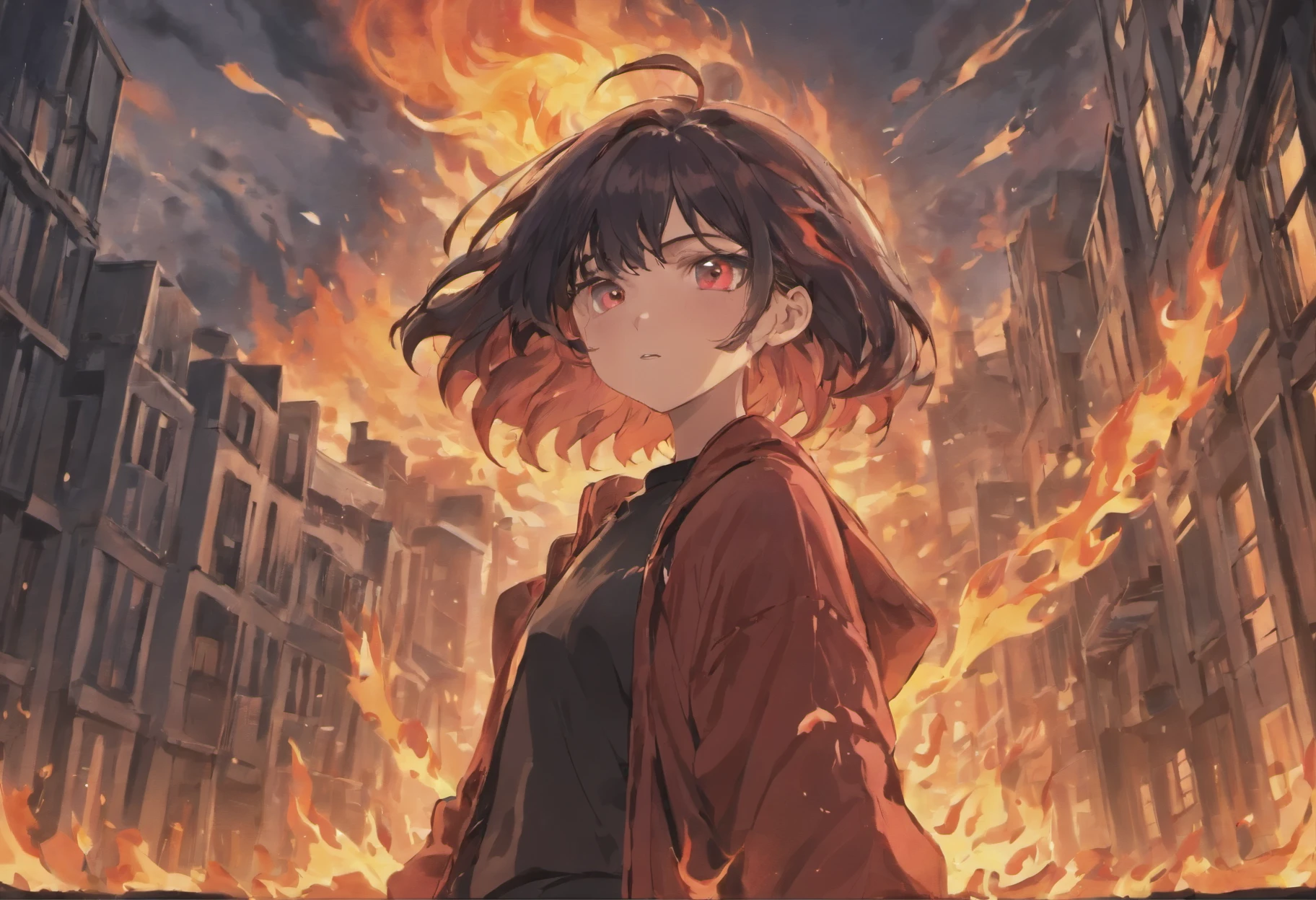 masterpiece, absurdres, best quality, 1girl, solo, night sky, red sweater, medium breasts, (black hair:1.3), red eyes, slit eyes, long hair, shaggy hair, (expressionless, dark face, glowing eyes, menacing:1.5), (looking down, looking at viewer, from below:1.4), (flames, burning buildings:1.6)