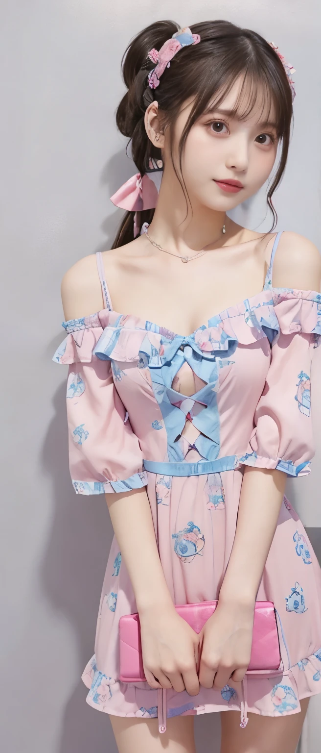 Fairytale punk idol girl、、Pastel pink and blue bone print mini dress(off shoulder)、tall、good style、whole body、colorful hair、、、