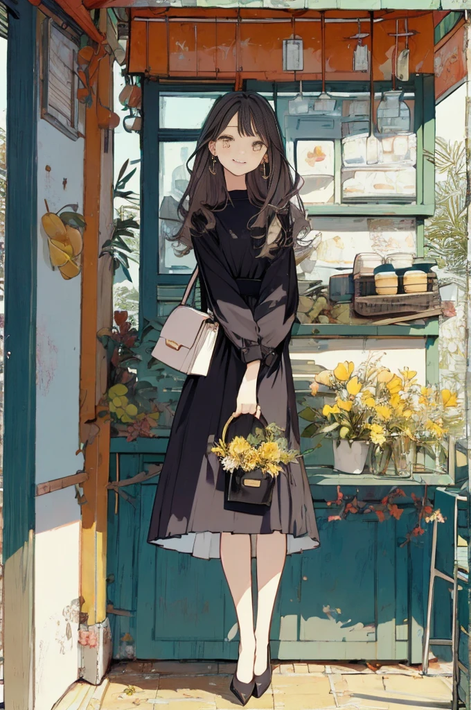 (masterpiece:1.2), highest quality,pixiv,sweet girl , 1 girl, flower, cup, have, Two-tail, brown hair, bag, high heels, food, jewelry, earrings, looking at the viewer, smile, holding, long hair, inner color、alone, fruits, colorful clothes, handbag, gray eyes, Colorful shoes, bird, yellow flower, envelope, full body, white flower, shirt,Are standing,