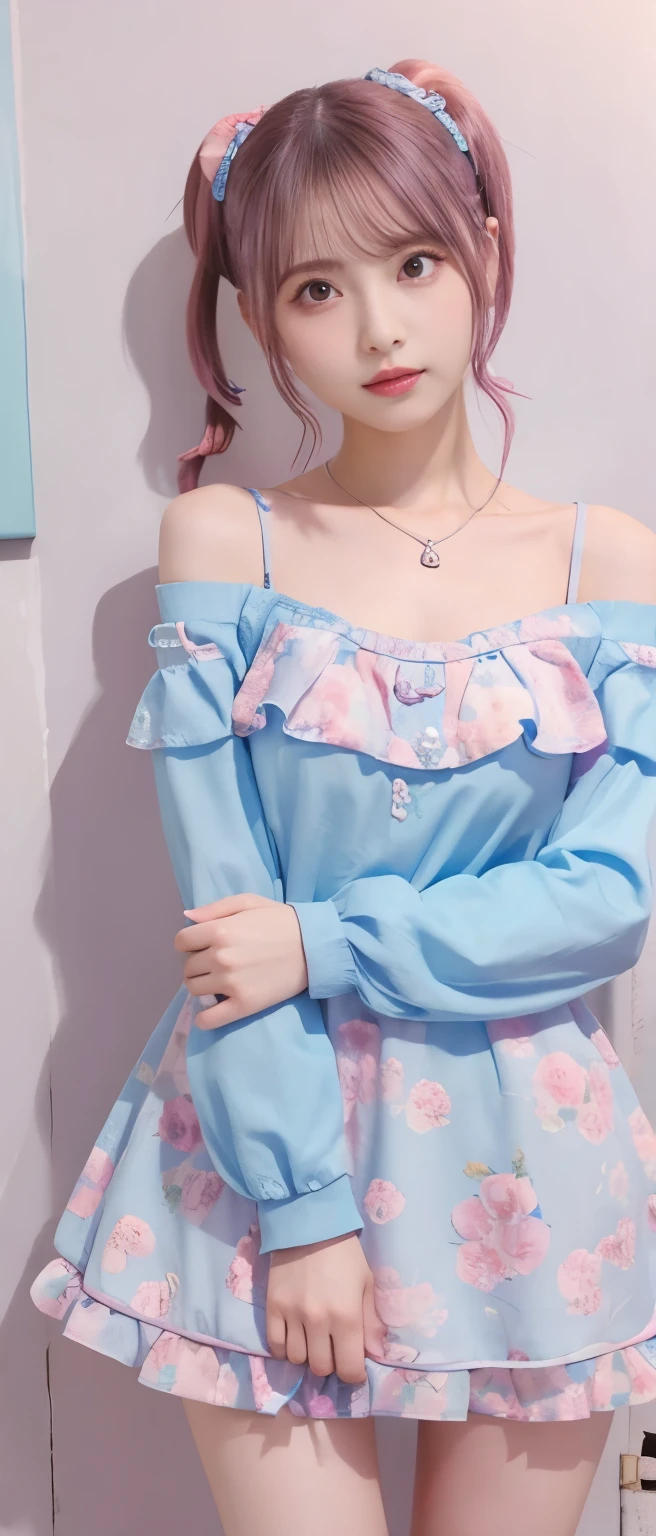 Fairytale punk idol girl、、Pastel pink and blue skull print mini dress（off shoulder）、tall、good style、whole body、Colorful Pigtails、、、