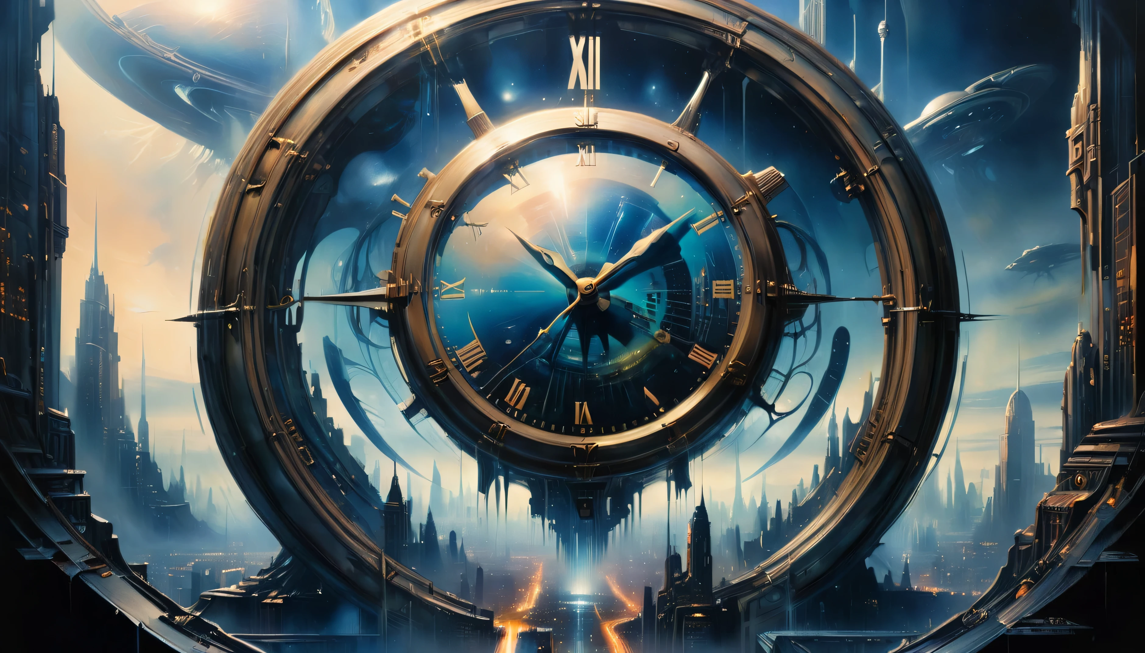 3000 years, Double exposure of clock and cityscape, A clock that merges with an alien city, Futurism, Science fiction, author：Drew Struzan and Ralph McQuarrie, (best quality, masterpiece, representative work, official art, professional, 8K)