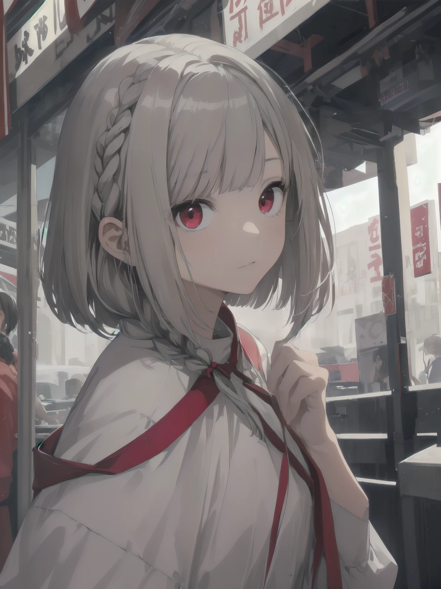 highest quality, masterpiece,gray hair, red eyes,white clothes, look up, Upper body,Fair skin,One-length bob cut with braided braids、cute