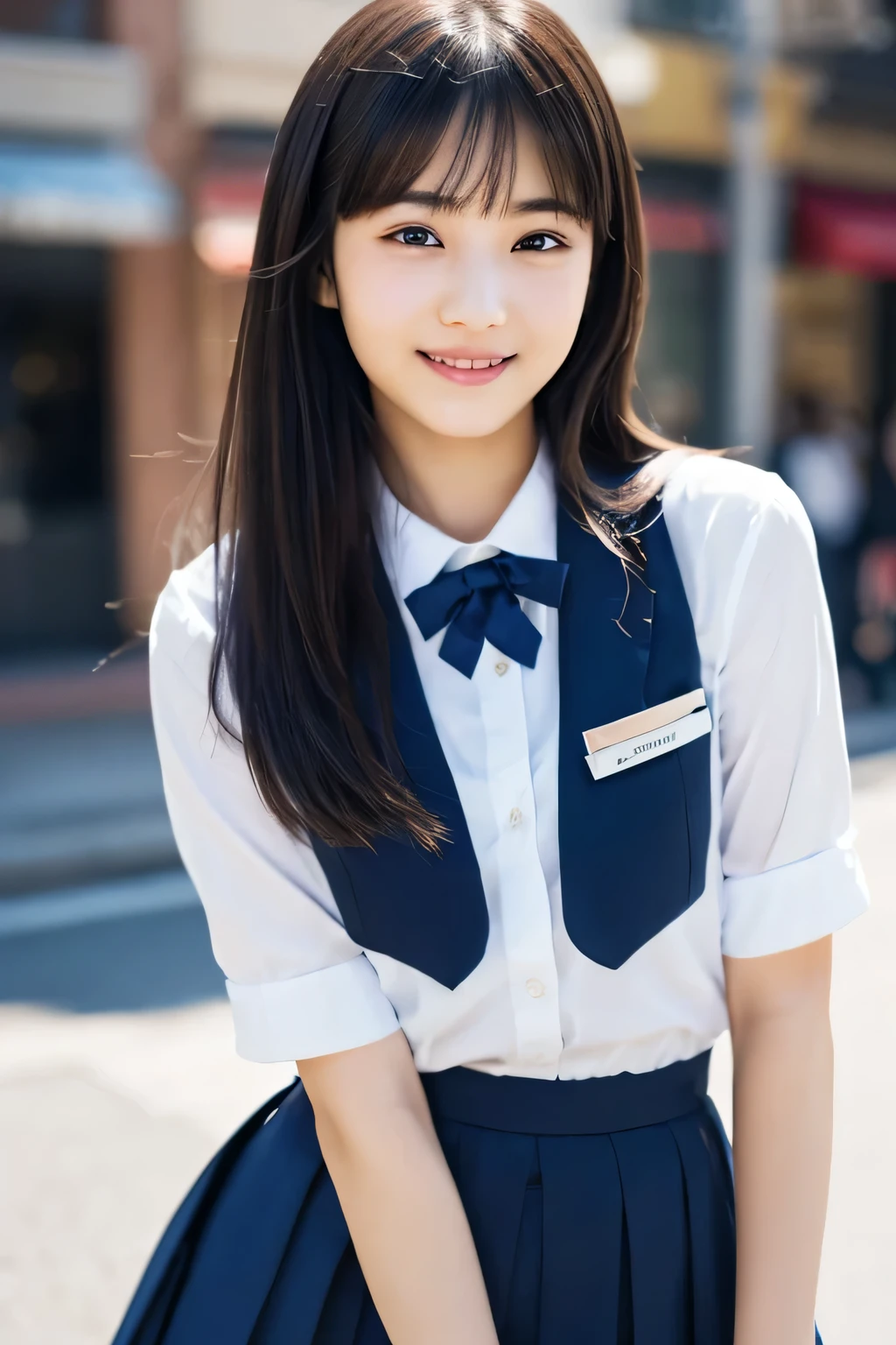 1 girl, (Please wear your high school uniform:1.2), (:1.5), (original Cai Neihua), young face, cute face, (Raw photo, highest quality), (realistic, Photoreal:1.4), debris flies, sharp focus, very delicate and beautiful, very detailed, 2k wallpaper, wonderful, finely, very detailed CG Unity 8k wallpaper, Super detailed, High resolution, soft light, beautiful detailed girl, very detailed目と顔, beautifully detailed nose, beautiful and detailed eyes, Blake Springs Street Corner, cinematic lighting, perfect anatomy, slender body, straight long, long hair, parted bangs, innocent smile, (looking at the viewer),check skirt、Please make your thighs thinner。