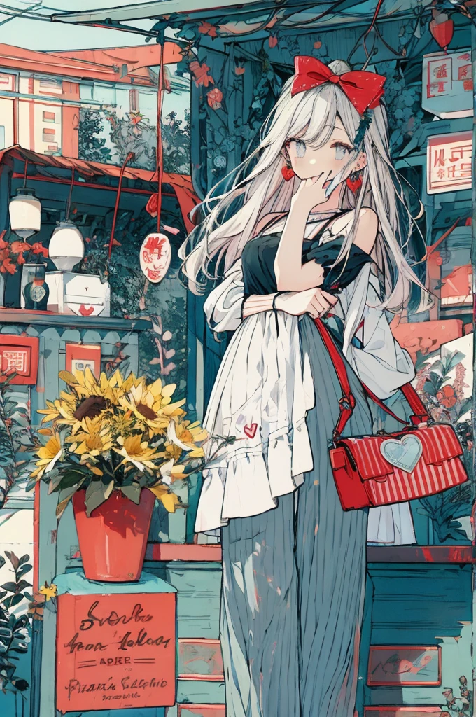 (masterpiece:1.2), highest quality,pixiv,sweet girl , 1 girl, flower, cup, have, bob hair, gray hair, bag, high heels, food, jewelry, earrings, looking at the viewer, smile, holding, long hair, inner color、alone, fruits, pants style， flower柄のshirt、handbag, gray eyes, Colorful shoes, bird, yellow flower, envelope, english text, full body, white flower, shirt,Are standing, cherry blossoms、colorful background、(masterpiece:1.2), highest quality,pixiv,sweet girlのポートレート, 1 girl, teddy bear, うさぎのstuffed toy, stuffed toy, alone, holding, have, holding stuffed toy, heart, bow, hair ornaments, sign, earrings, jewelry, Upper body, striped, Black headband, looking at the viewer, have bow, closed mouth, bangs, bare shoulders, hair between eyes, box,, brand hair, striped bow, gift, blue eyes, garden background, Alice, chocolate, ribbon, Braid, nail polish, shirt, wrist cuffs, gift 箱, black bow, Blue dress, white apron、two tone background, vertical stripes, hair ring, smile, long hair 、full body、whole body、