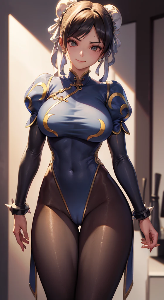 solo, masterpiece, best quality, agrias, grey sweater, black leotard, standing, looking at viewer, short hair,oculos,evil smile, evil look, chun li,luvas preta,roupa azul,yandere rosto,low lighting,coxa sarada