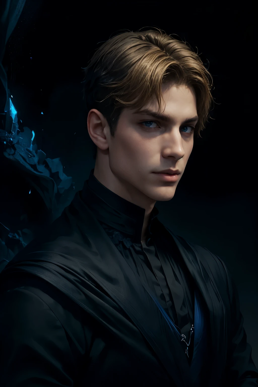 Portrait of a beautiful man, prince clothing with gothic, all black clothing, personagem super detalhado, black background, altamente real, 4K, detalhe super alto. dark vibe. Cores escuras. dramatic art. Short blonde hair, blue eyes. Dark atmosphere.