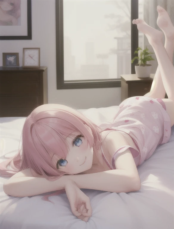 masterpiece, highest quality, High resolution, 1 girl, alone, bedroom、pajamas、cute、beautiful eyes、lie down on the bed、chest、pink hair、smile