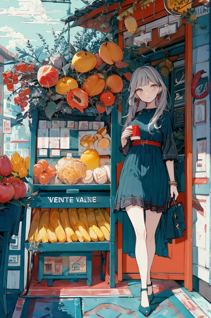 (masterpiece:1.2), highest quality,pixiv,sweet girl , 1 girl, flower, cup, have, bob hair, gray hair, bag, high heels, food, jewelry, earrings, looking at the viewer, smile, holding, long hair, inner color、alone, fruits, knee-length dress， handbag, gray eyes, Colorful shoes, bird, yellow flower, envelope, english text, full body, white flower, shirt,shorts、See-through、Are standing, valentine color、colorful background、cloth shop、