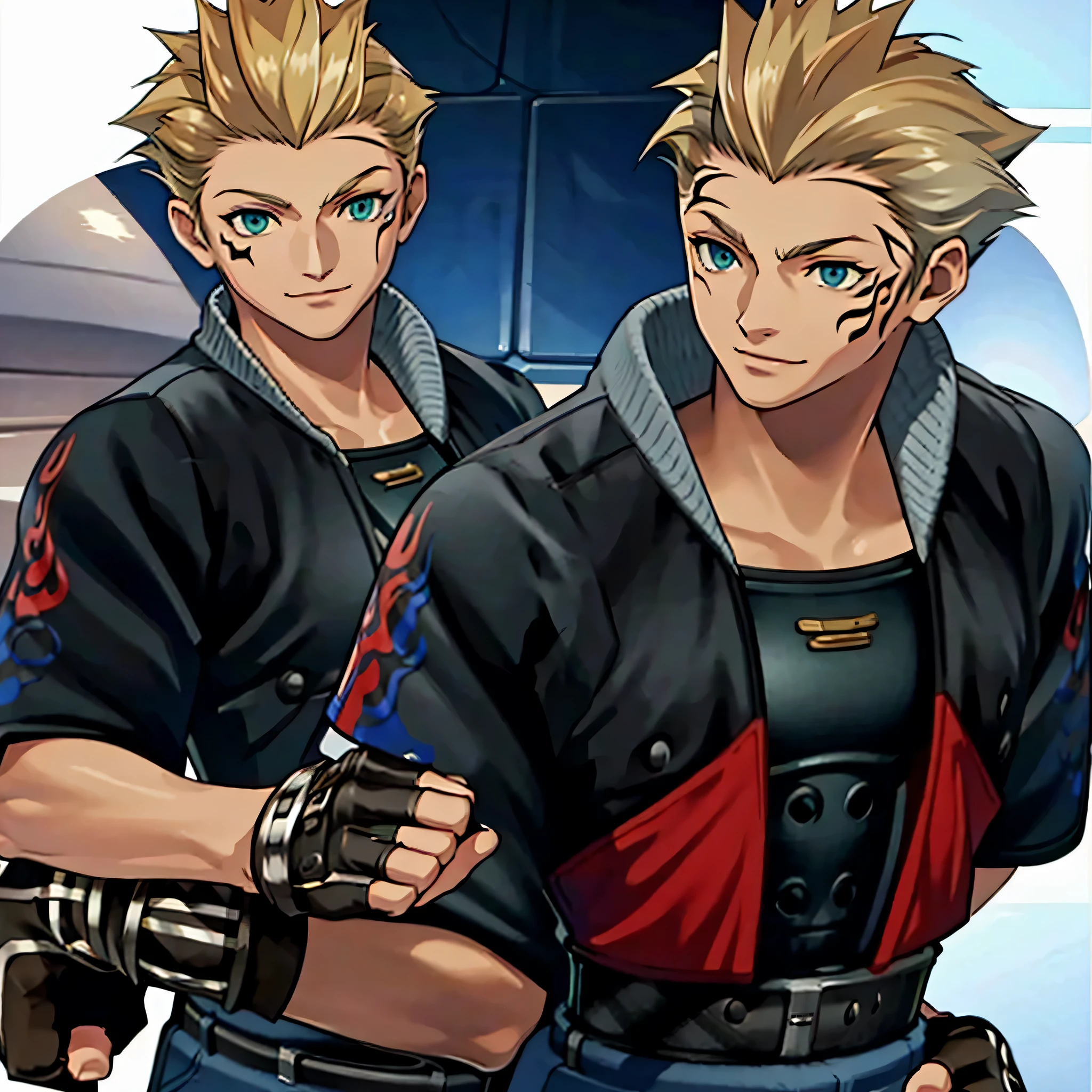 (masterpiece, best quality:1.2,simple background,white background,2d,anime style),1boy,solo,zell \(final fantasy8\),blonde hair,denim jacket,green eyes,head rest,looking at viewer,shirt,smile,spiked hair,fingerless gloves,facial tattoo,Redraw it with a beautiful anime picture、Closer to the anime picture、Do not change details or composition