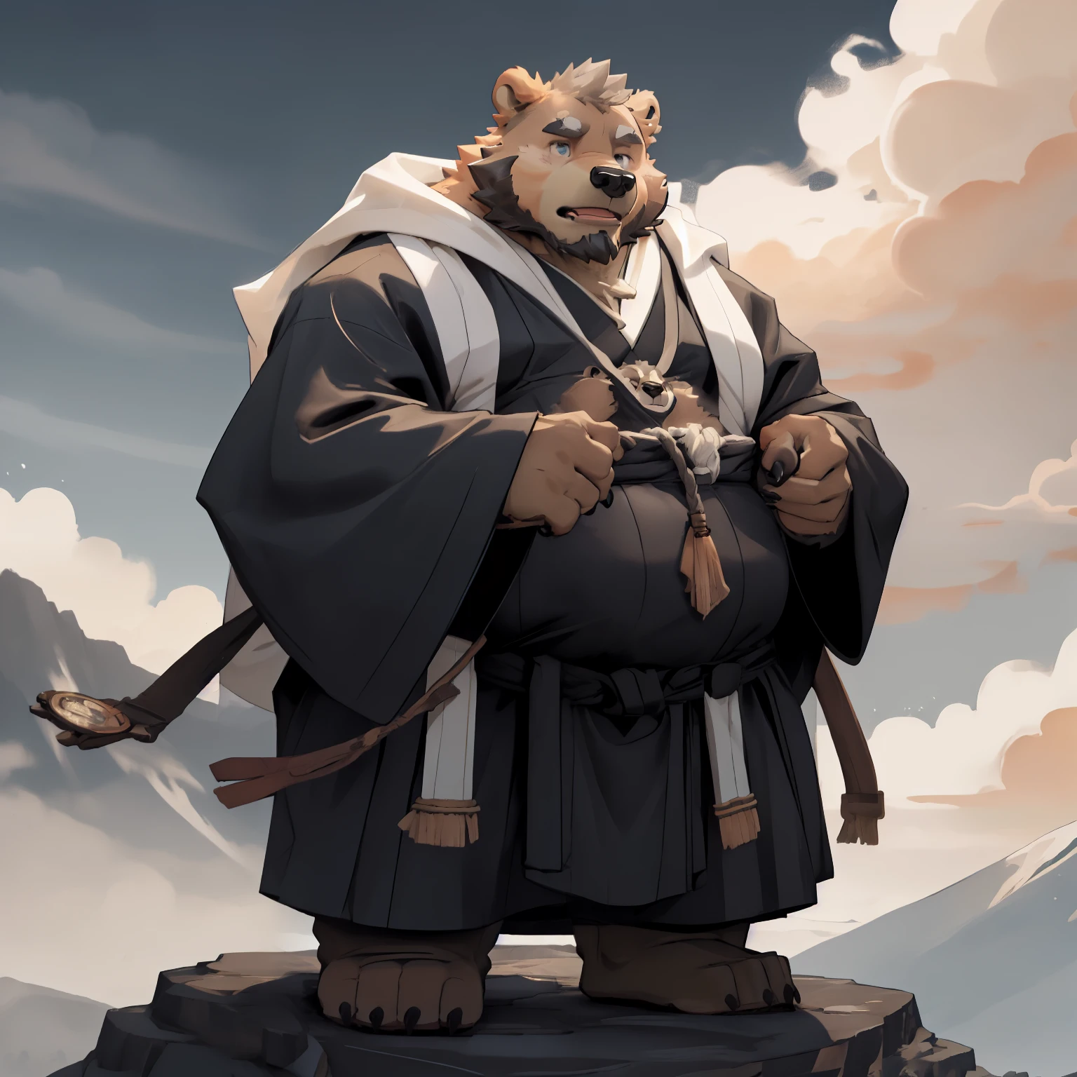 New Jersey 5 Hairy, Bear，Full body portrait of an individual, middle aged男性,exquisite，round face， chubby，Fat，thick arms，Black plush fur，Mountain Top，Cloud，shrouded in mist，Monk，middle aged，全套Xian Xia服装，Taoist robe，Cultivation，Xian Xia，calm，majesty，Heavy beard