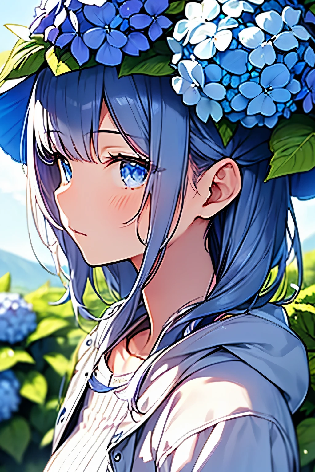 (Blue hydrangea、girl wearing mountain parka、A girl buried in hydrangeas、girl with hydrangea:1.3)、(Low - Angle、photo taken from below、make people smaller:1.5)、Best quality、photorealistic、super detail、delicate、orderly、high detail、bluish silver ponytail、droopy iris of heterochromia,glowing eyes、slender、(1 girl:1.2)、