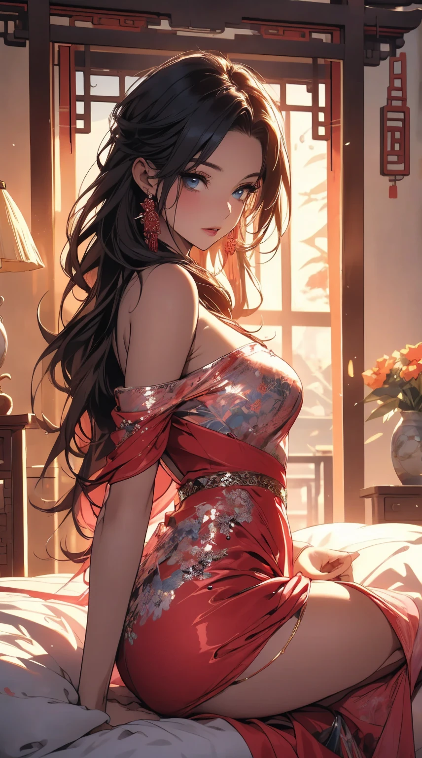 masterpiece,8K,high quality,full body:1.7,Clean blue eyes,赤いopen your mouth,But thin clothes,Very calm and gentle look,Many sparkling pictures,,Silky white wet skin,open your mouth,biggest big breasts,Tight waist,A beautiful, very sparkly, bright pink outfit,A woman sitting on a bed wearing a bright pink shiny sheer Chinese dress,Sheer off-the-shoulder light pink thin lace Chinese princess tulle dress,anime picture, by ヤン・J, fantasy art,red bra, Cute 3D anime Chinese girl rendering, Art Germ and William Bouguereau,Long wavy shiny black-pink hair,Nightcore, Beautifully detailed body and face, beautiful avatar pictures, high quality detailed anime,Chinese Sexy Women,Wide-angle landscape photography:1.6,chinese luxury bedroom,