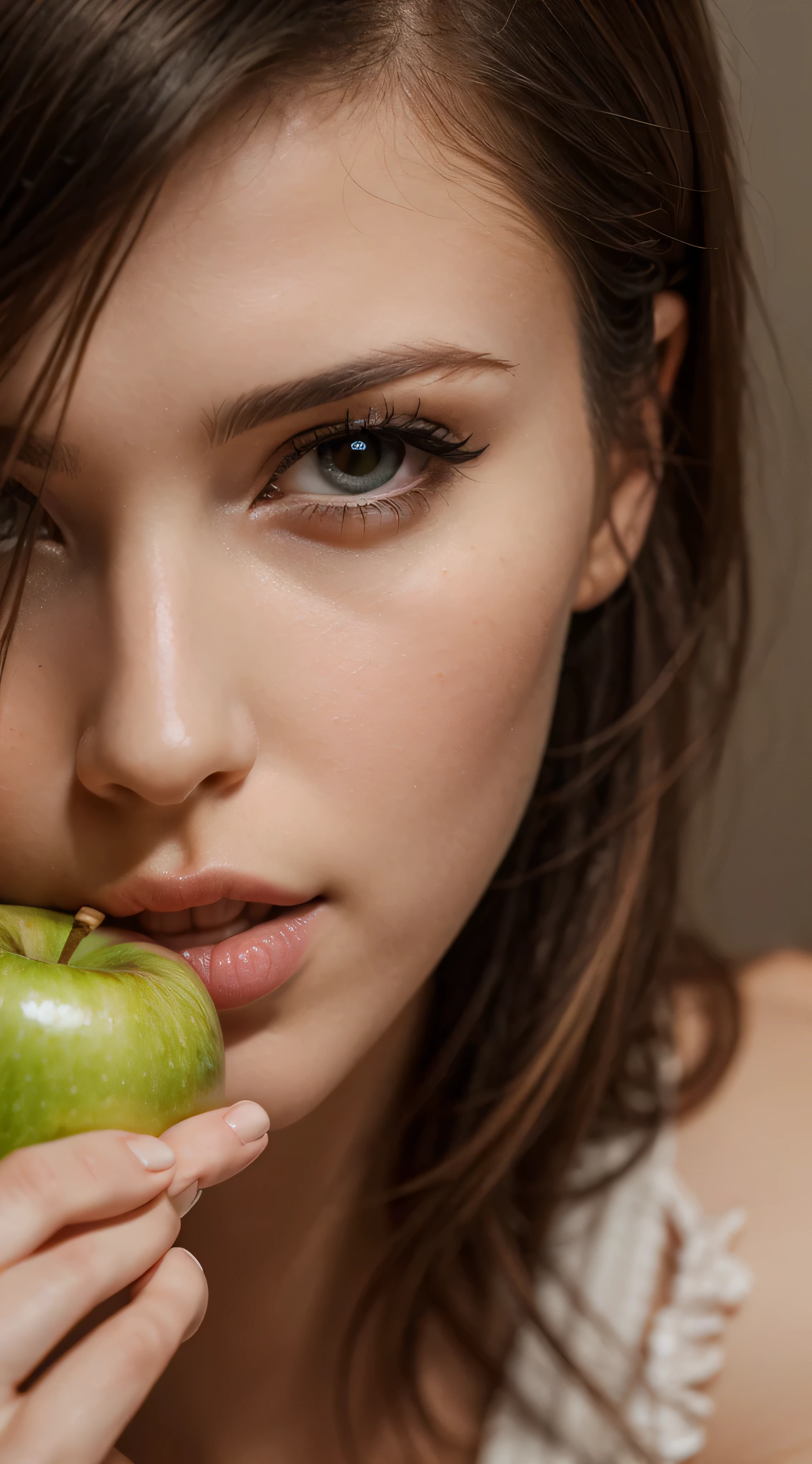 __hair color__, european woman, hairlong, (close-up:1.5), sitting, eating apple, shy, mysterious, detailed, professional, 4k, HD, UHD, 8K, higly detailed, ultra resolution