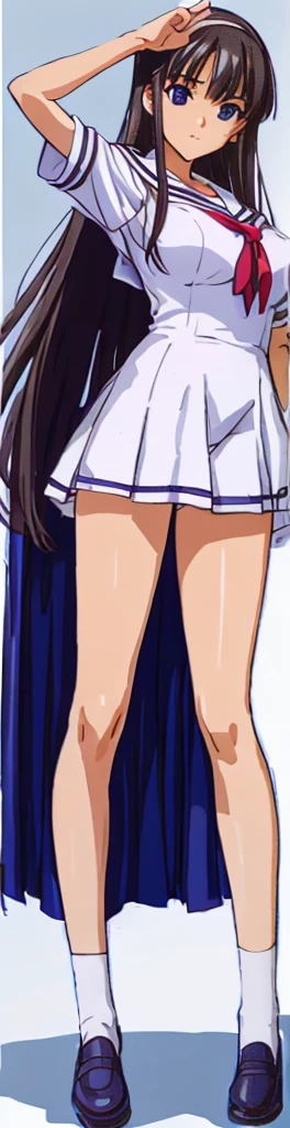 1 girl, (solo), ((amanogawaki)), best quality, highres, high quality, 8k, HD, super detail, anatomically correct, UHD, accurate, (masterpiece:1.2), (high quality:1.0), (ultra detailed), (no Background), (White Background), (Front View), (Looking Away), Blushing, Embarrassed, Brat, (Blue White Uniform), Uniform Skirt, Adult, Yellow Headband, (((Purple Panty Pull))), undressing, Uniform Skirt, View from Front