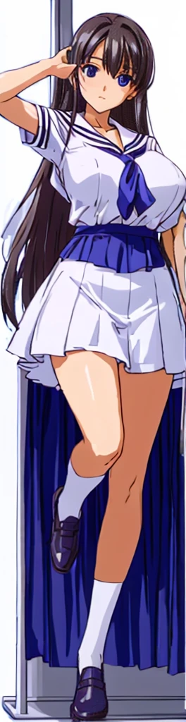 A beautiful woman with big breasts, long hair and beautiful legs is standing on a bus wearing a white miniskirt sailor uniform.。