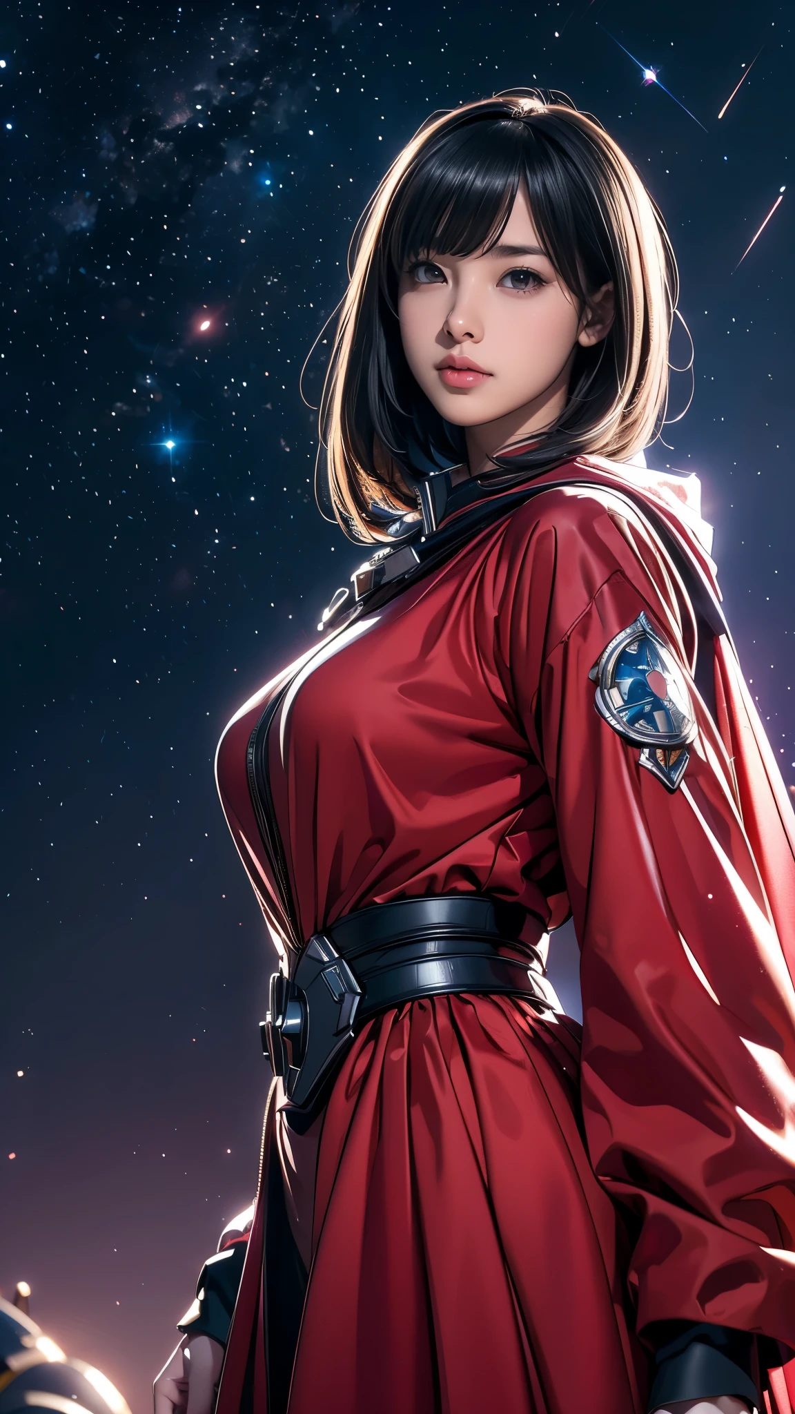 A woman in a red dress standing in front of a night sky - SeaArt AI