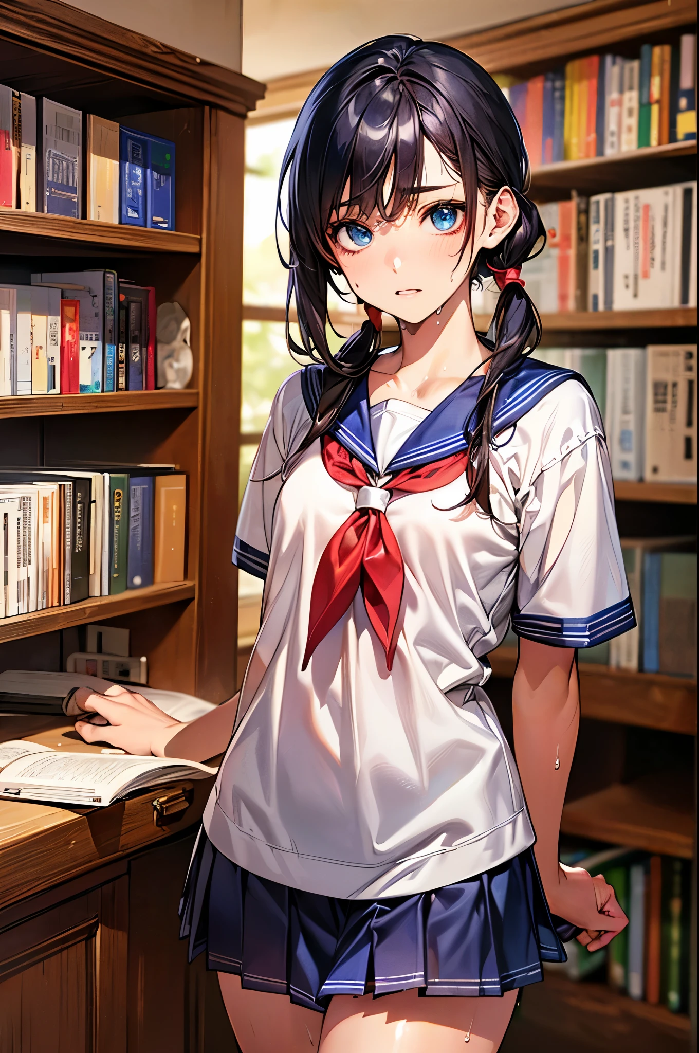 ((perfect anatomy:1.2,realistic:1.3,RAW Photography:1.3,masterpiece、highest quality、Ultra - High resolution、High resolution、Highly detailed CG、8K)),cowboy shot,1 female,solo,18 year old beauty, Japanese、((beautiful detailed face and eyes:1.2,big gorgeous eyes:1.2)),black hair,(pigtail hair),bangs,medium breasts,slender body,small head:1.3,skinny,(oily skin,gleaming skin,shiny skin),(sweat:1.5),((School uniform、White sailor suit、Navy blue sailor collar、pleated navy mini skirt、red neckerchief),library、