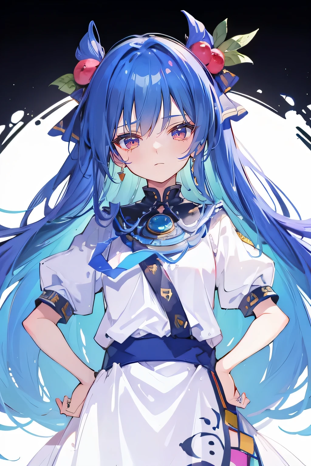 (masterpiece),best quality, expressive eyes, perfect face, 1girl,
 Put your hands on your waist,fair, Gorgeous,Japanese cartoons,girl,lola,Hina Angel, blue hair, blue haired, floating clothes,Grab your waist, Grab your waist, hands on hips , hands on hips,flat chest