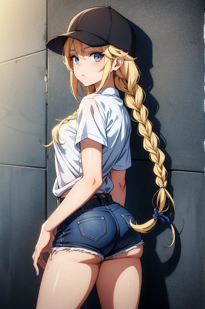 a very sexy woman  form leaning against a wall, 1girl, solo, braid, long hair, hat, shorts, blonde hair, blue eyes, ass, baseball cap, looking at viewer, against wall, shirt, black headwear,Eiko Tsukimi, blue eyes, braid, twin braids, blonde hair, semi long hair