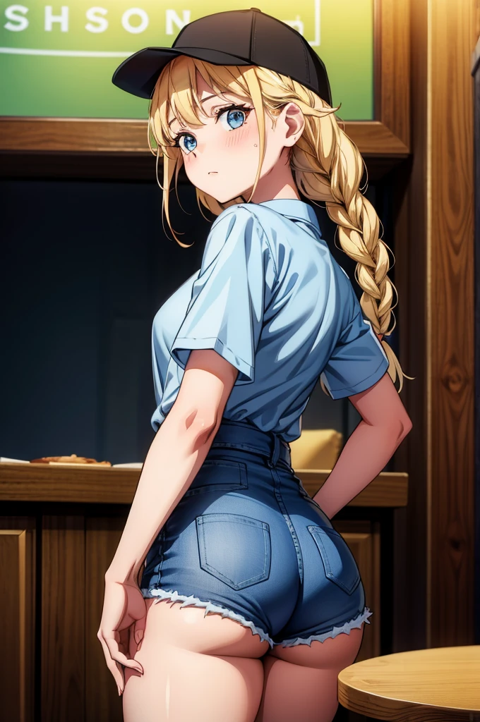 a sexy woman in shorts and a short sleeve blue blouse standing in front of a table, 1girl, solo, shorts, blonde hair, blue eyes, braid, hat, ass, shirt, short shorts, twin braids, looking at viewer, long hair, short sleeves, baseball cap, breasts, denim, looking back, white shirt, denim shorts, black headwear, blush