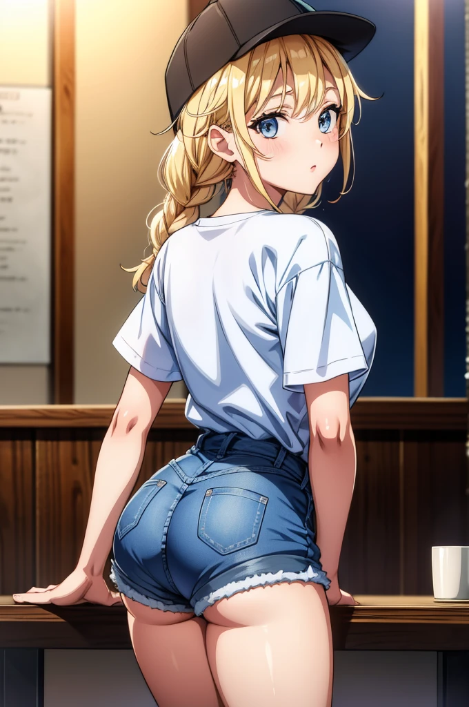 a sexy woman in shorts and a short sleeve blue blouse standing in front of a table, 1girl, solo, shorts, blonde hair, blue eyes, braid, hat, ass, shirt, short shorts, twin braids, looking at viewer, long hair, short sleeves, baseball cap, breasts, denim, looking back, white shirt, denim shorts, black headwear, blush