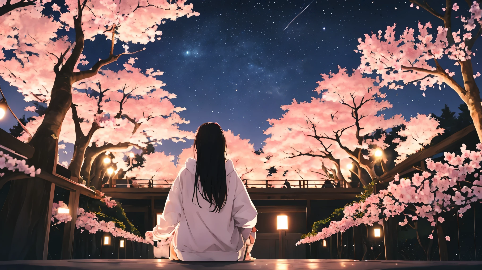 ((fantastic))((light from below)) cool woman, cherry blossom trees surrounding, night, night sky, starry sky, wearing white hoodie, many petals floating in the air, back view, night, fantastic, scenery, in, full bloom, cherry blossom, trees, light up, alone, cool woman, sitting, long black hair, cherry blossom, petals, expression, calm surrounding,beautiful,quiet,around,color,small,lights,dotted,light,reflection,sparkling,shining,scene,whole,soft,atmosphere,exudes,dreamy,beauty,dark