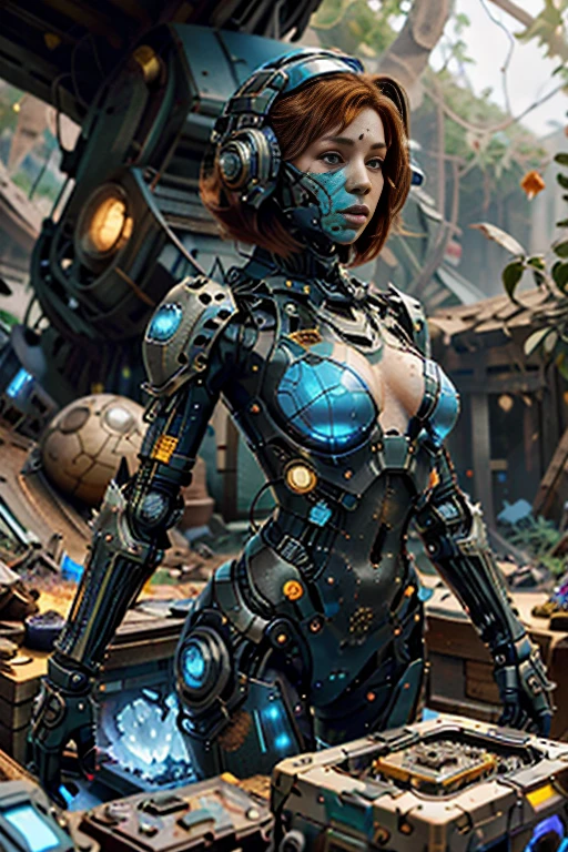 (best quality,4k,8k,highres,masterpiece:1.37), ultra-detailed, (realistic,photorealistic,photo-realistic:1.37), (aerial view), (top down perspective), 1woman, (the focal point is a woman pulling a video game cartridge out of a futuristic artifact box full of retro video game cartridges:1.6), (the woman is looking at the box:1.4), (Futuristic artifact box), (the artifact box is open), (The scene unfolds inside a mystical cavern:1.4), joints, mecha, (The woman is wearing a mecha exoskeleton made with blue glass details, covering her entire body:1.5), (She has a blue glass helmet visor protecting her face:1.4), (dynamic angle:1.37), reelmech, mechanical parts, fractal_body, (The woman's hair is made of fractal technologic components:1.4), (She has short red hair:1.37), (fantasy and sci-fi mixed:1.37), holographic glitch effects floats around the woman, vibrant colors, (A blue glow emanates from inside the treasure chest), glowing lights, (abandoned machinery), (there are video game cartridges and consoles on the background), mystical creatures, (there are crystal formations spreading on the background), (futuristic technology), (ancient artifacts), mystical energy, vibrant retro aesthetic, atmospheric lighting, ancient ruins, mysterious symbols, lush vegetation, interdimensional portals, nostalgic atmosphere, epic adventure, delightful surprises