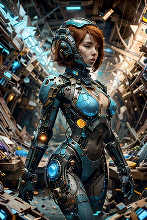 (best quality,4k,8k,highres,masterpiece:1.37), ultra-detailed, (realistic,photorealistic,photo-realistic:1.37), (aerial view), (top down perspective), 1woman, (the focal point is a woman pulling a video game cartridge out of a futuristic artifact box full of retro video game cartridges:1.6), (the woman is looking at the box:1.4), (Futuristic artifact box), (the artifact box is open), (The scene unfolds inside a mystical cavern:1.4), joints, mecha, (The woman is wearing a mecha exoskeleton made with blue glass details, covering her entire body:1.5), (She has a blue glass helmet visor protecting her face:1.4), (dynamic angle:1.37), reelmech, mechanical parts, fractal_body, (The woman's hair is made of fractal technologic components:1.4), (She has short red hair:1.37), (fantasy and sci-fi mixed:1.37), holographic glitch effects floats around the woman, vibrant colors, (A blue glow emanates from inside the treasure chest), glowing lights, (abandoned machinery), (there are video game cartridges and consoles on the background), mystical creatures, (there are crystal formations spreading on the background), (futuristic technology), (ancient artifacts), mystical energy, vibrant retro aesthetic, atmospheric lighting, ancient ruins, mysterious symbols, lush vegetation, interdimensional portals, nostalgic atmosphere, epic adventure, delightful surprises