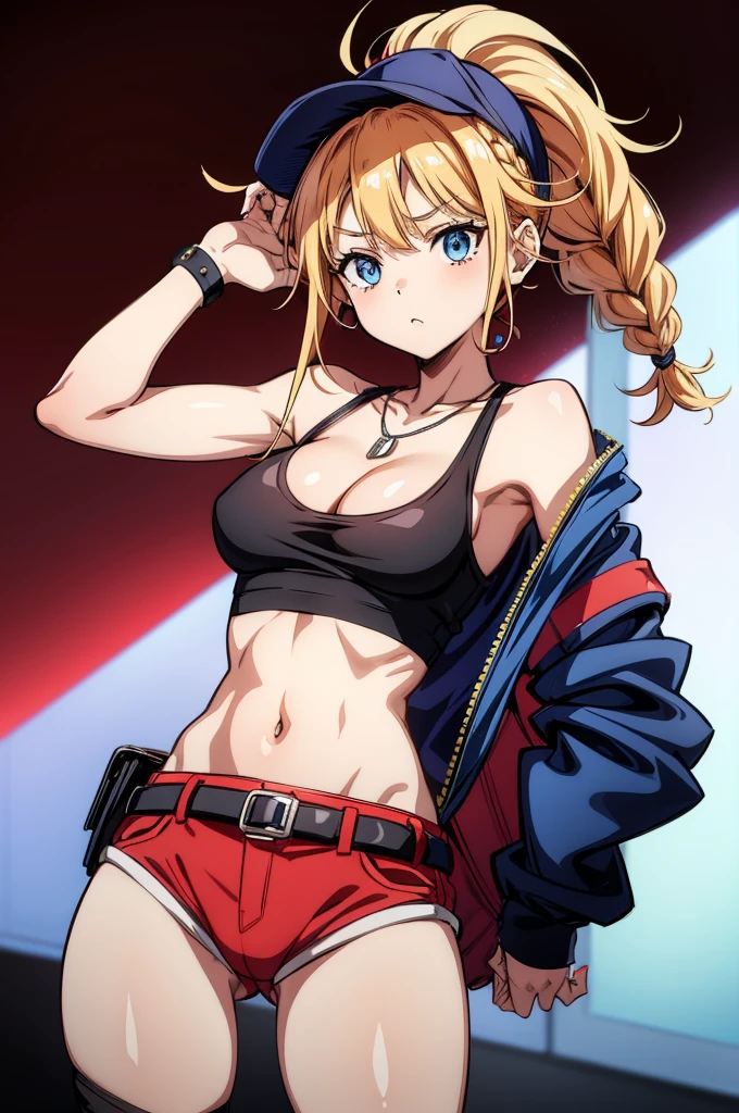 1girl, arm warmers, backpack, bag, bare shoulders, belt buckle, blue eyes, camouflage pants, chain necklace, character backpack, cleavage, cowboy shot, crop top, female focus, headphones, headphones around neck, high ponytail, highleg panties, jewelry, looking at viewer, midriff, multicolored hair, navel, necklace, panties, panty straps, red background, red hair, short ponytail, skull belt, standing, streaked hair, striped arm warmers, studded belt, tank top, two-tone hair,,Eiko Tsukimi, blue eyes, braid, twin braid,blonde hair,baseball cap