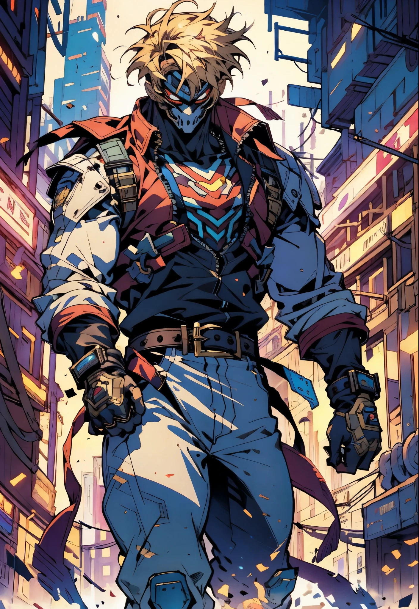 An adult man with tousled and messy dark blonde hair, a metallic beast concept mask covering his entire face, full mask, cold and penetrating gaze, a sturdy physique, a loose cyberpunk-style short jacket over a T-shirt, metal wrist guards, a belt around his waist, loose utility pants, adopting a relaxed posture within the cyberpunk-style city, city night view, this character embodies a finely crafted cyberpunk-style masked warrior in anime style, exquisite and mature manga art style, high definition, best quality, highres, ultra-detailed, ultra-fine painting, extremely delicate, professional, perfect body proportions, golden ratio, anatomically correct, symmetrical face, extremely detailed eyes and face, high quality eyes, creativity, RAW photo, UHD, 32k, Natural light, cinematic lighting, masterpiece-anatomy-perfect, masterpiece:1.5