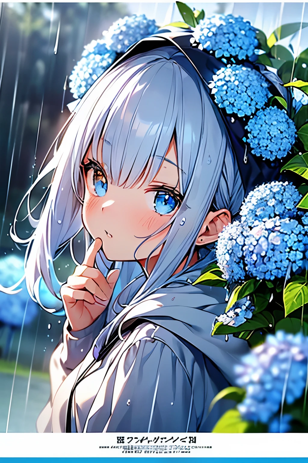 (Low - Angle、photo taken from below、make people smaller:1.5)、Best quality、photorealistic、super detail、delicate、orderly、high detail、bluish silver ponytail、droopy iris of heterochromia,glowing eyes、slender、(1 girl:1.2)、(Blue hydrangea、rain、get wet、Girl in a hoodie、magazine cover:1.3)、