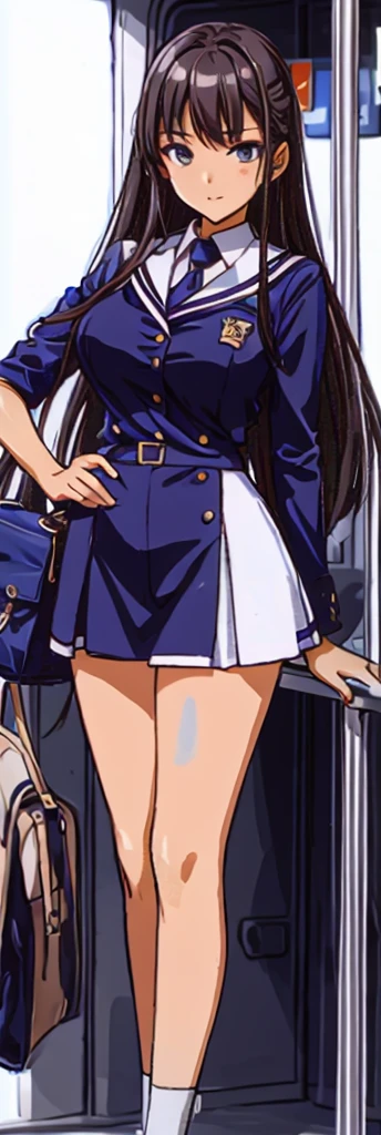 A 17-year-old beauty with big breasts, beautiful legs, and long hair is standing on a bus in a white miniskirt uniform.。