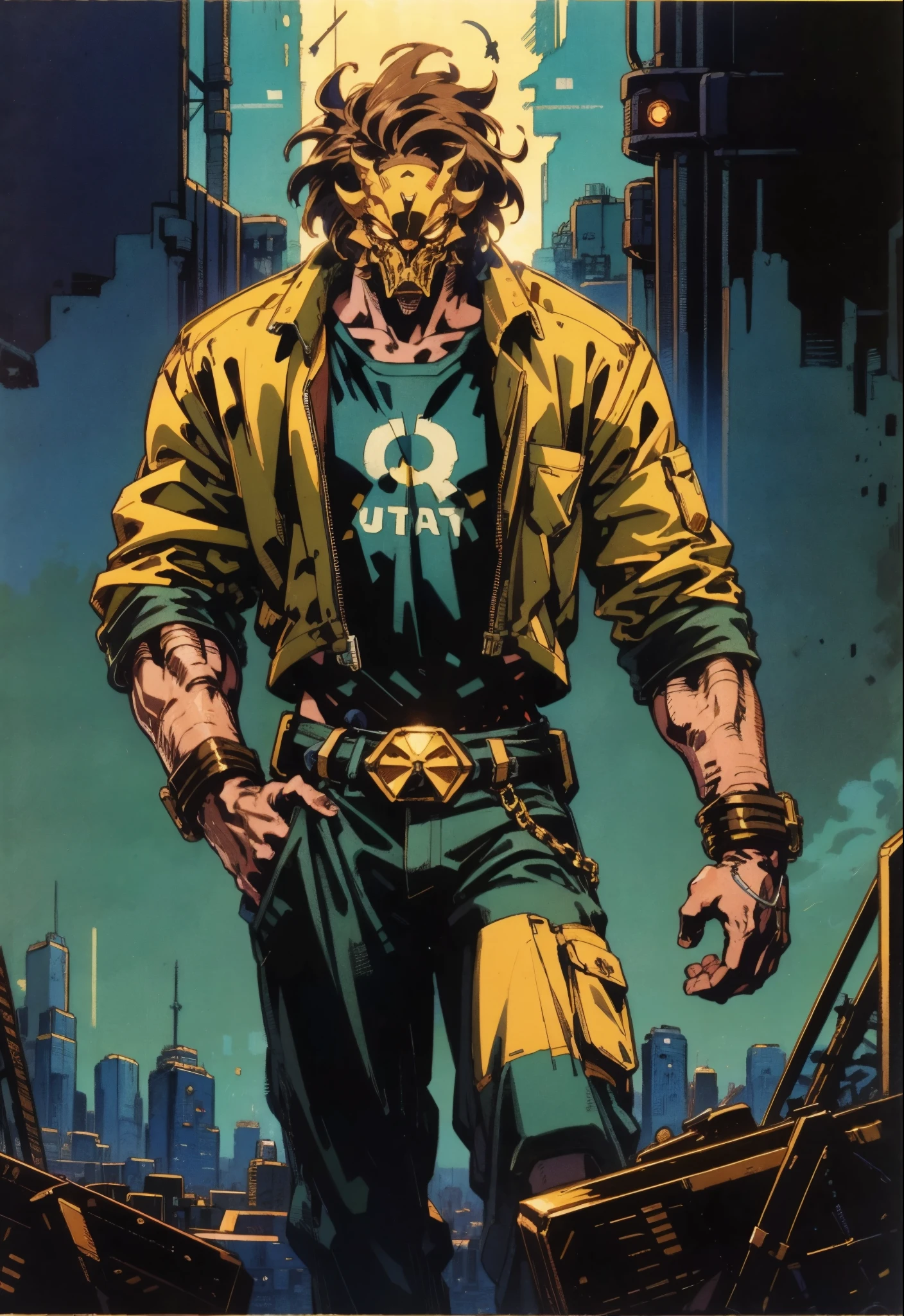 An adult man with tousled and messy dark blonde hair, a metallic beast concept mask covering his entire face, full mask, cold and penetrating gaze, a sturdy physique, a loose cyberpunk-style short jacket over a T-shirt, metal wrist guards, a belt around his waist, loose utility pants, adopting a relaxed posture within the cyberpunk-style city, city night view, this character embodies a finely crafted cyberpunk-style masked warrior in anime style, exquisite and mature manga art style, high definition, best quality, highres, ultra-detailed, ultra-fine painting, extremely delicate, professional, perfect body proportions, golden ratio, anatomically correct, symmetrical face, extremely detailed eyes and face, high quality eyes, creativity, RAW photo, UHD, 32k, Natural light, cinematic lighting, masterpiece-anatomy-perfect, masterpiece:1.5