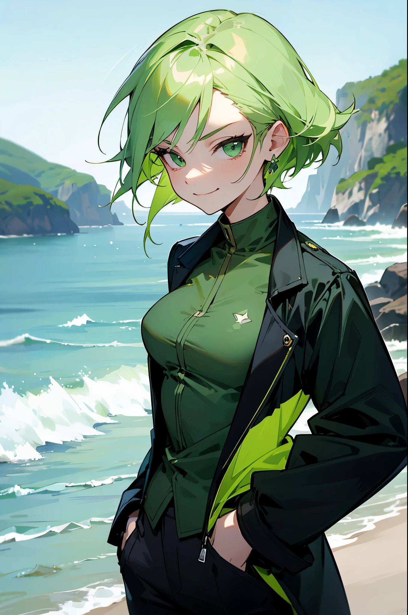 Light Green Hair, Dark Green Eyes, green gem on chest, young female, smirk expression, hands in pockets, beach background, green shirt, black jacket, black pants,short
