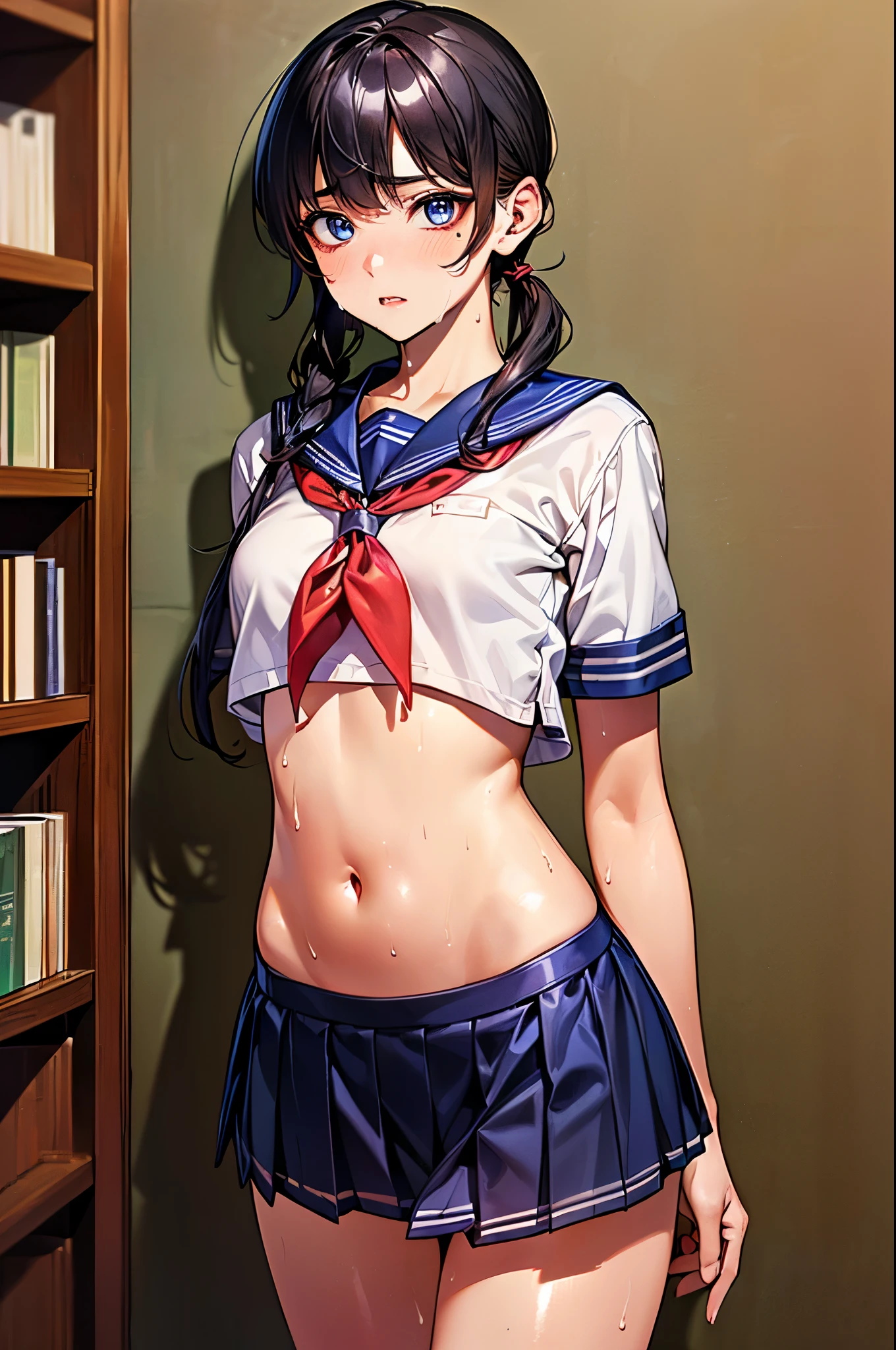 8K,master piece,anime,Perfect Anatomy,Suguha Kirigaya,1female,crossed eyes,(rolling eyes),open mouth,(tongue out),(crying),short sleeved white sailor suit,underboob,((a micro skirt that is halfway off)),short hair,(huge perky breasts),(Very small waist and slim body)