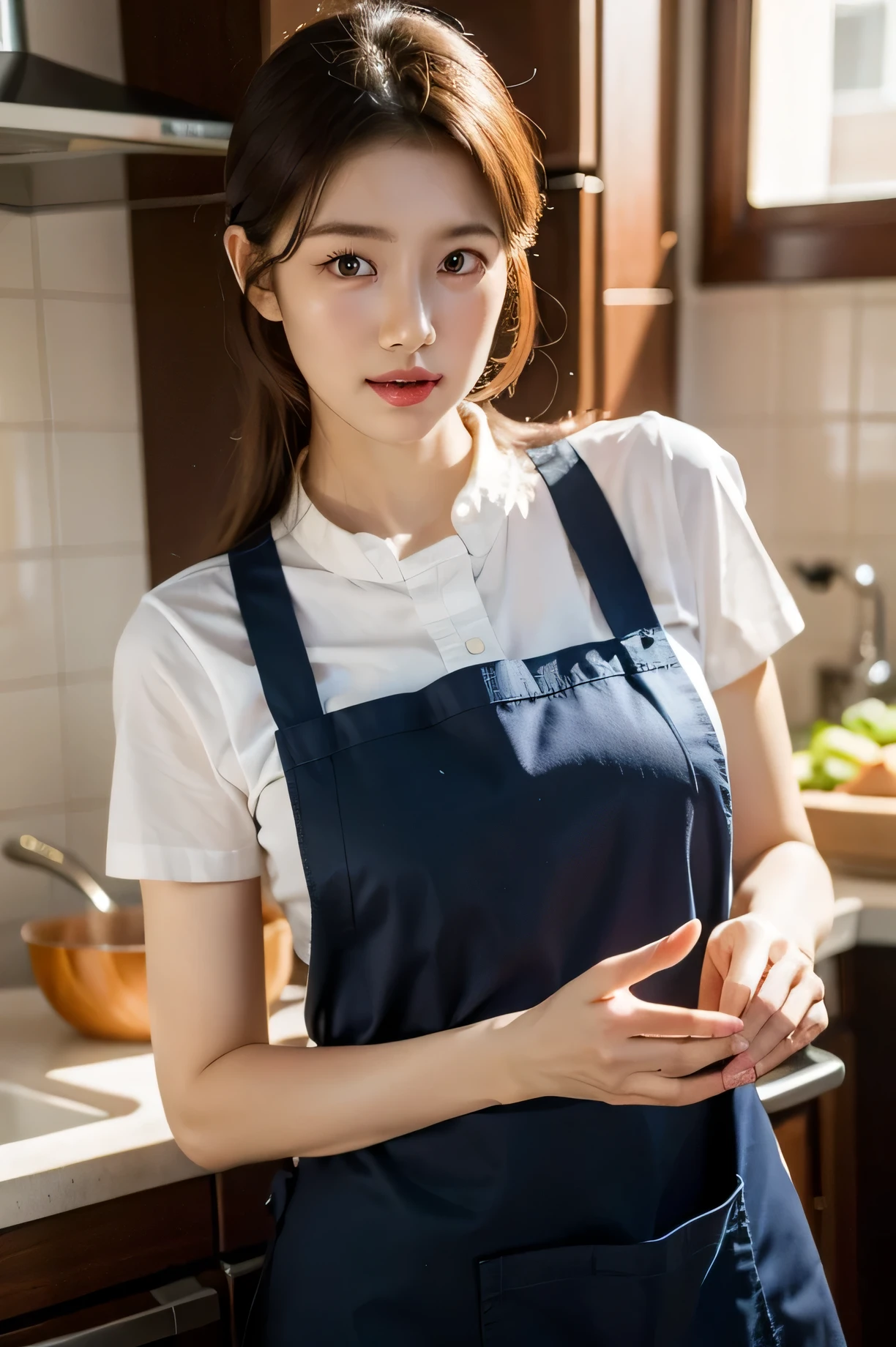 ((best quality)), ((masterpiece)), (detailed), perfect face, kitchen, perfect body, apron
