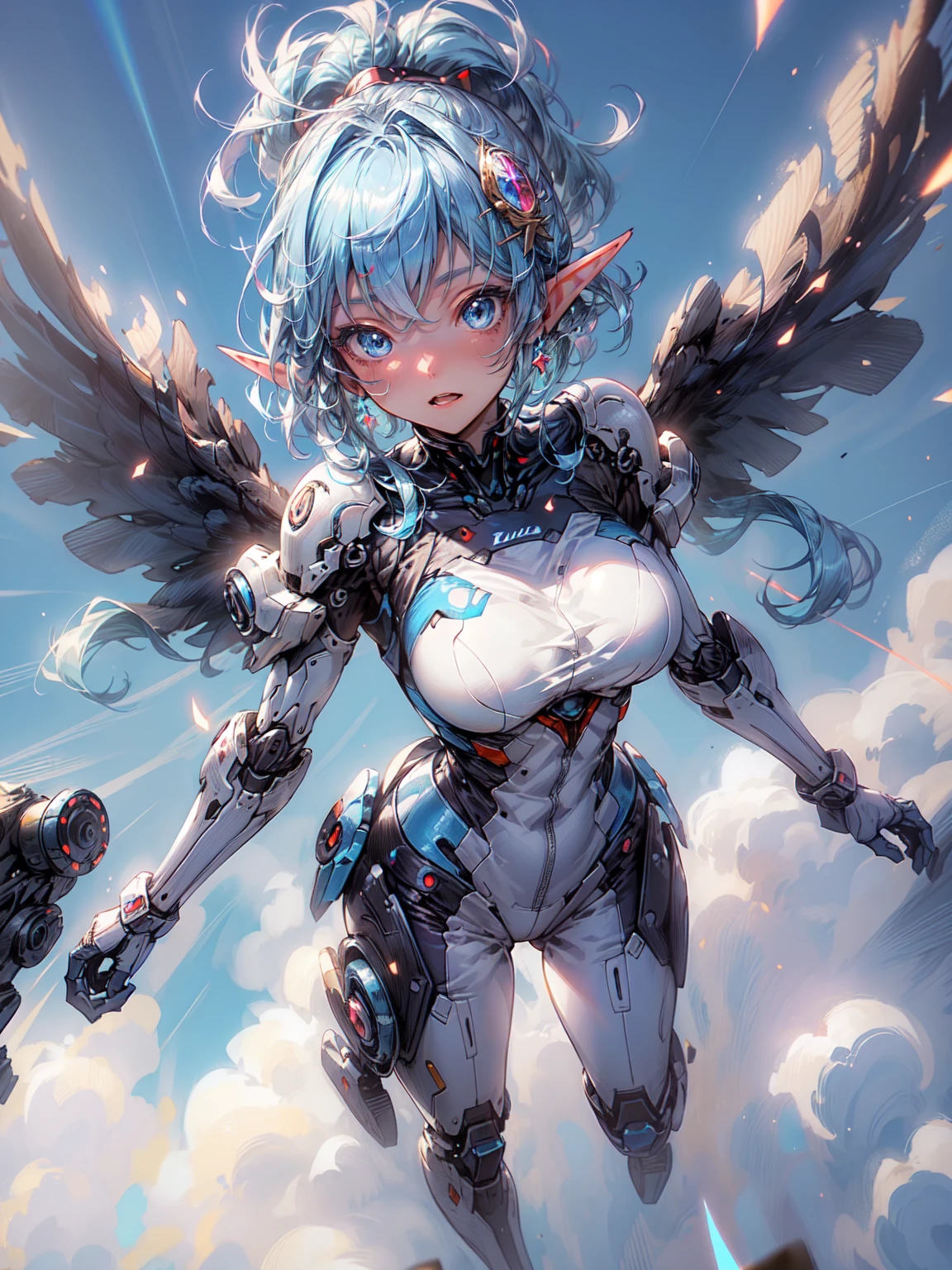 (masterpiece、 highest quality, wonderful, very detailedティッカーユニティ、8k wallpaper, Depth of written boundary, Ultra-fine illustration:1.5)、。.。.。.。.3D, very detailed, (Full body Esbian、Mecha elf girl:1.3), sci-fi battlefield, Hawken, shy smile, open your mouth、short ponytail hair, (Blue blonde hair, deep blue eyes:1.2), sparkling eyes, Embarrassingly cute face, cute, big breasts, delicate hair, messy hair, (((flying high in the sky))、blue and wide sky, White cloud), shiny hair, shiny skin, (Symmetrical mechanical blue metallic colored mechanical wings that are widely expanded to the left and right so that they protrude wonderfully from the screen, bite, blue hair ornament), (particles of light, cinematic lighting: 1.3), (pale pink lips: 0.8), by Yusuke Murata.