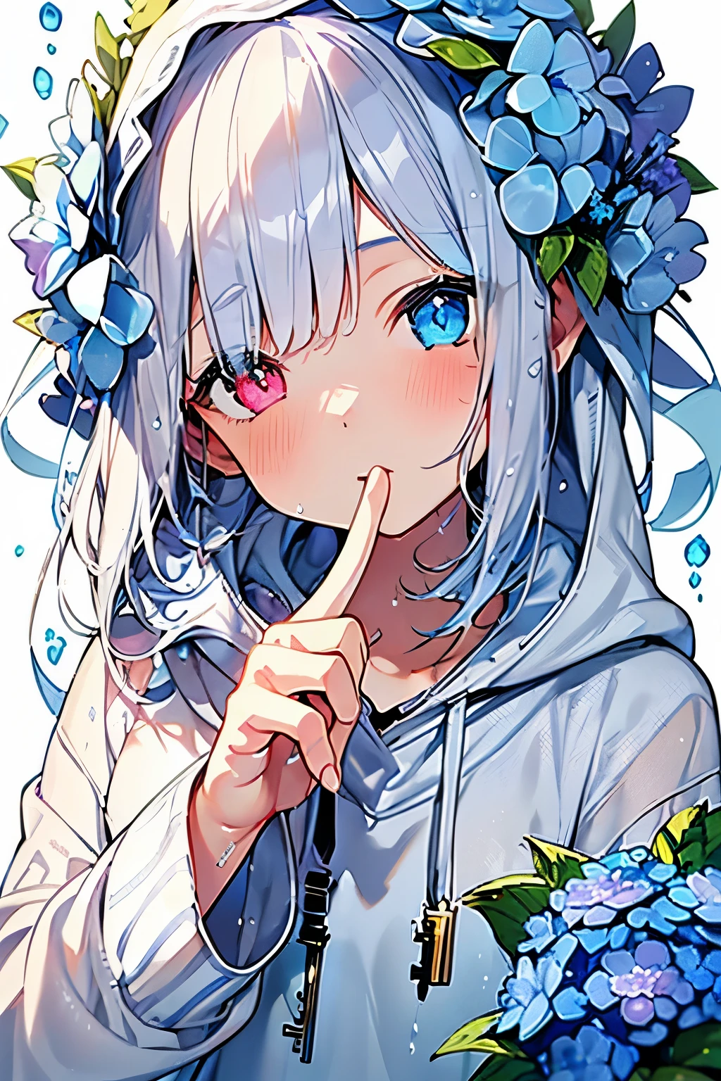 Best quality、photorealistic、super detail、delicate、orderly、high detail、bluish silver ponytail、(droopy iris of heterochromia,glowing eyes:1.3)、slender、(1 girl:1.2)、(Blue hydrangea、rain、get wet、Girl in a hoodie、magazine cover、Key visual for the movie、white background、beauty of nature、an awe-inspiring expression:1.3)、