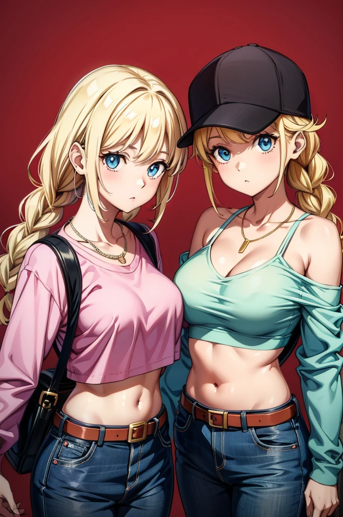 two cartoon characters posing with different expressions and hair styles standing together holding backpacks, hat, breasts, blonde hair, navel, cleavage, blue eyes, crop top, midriff, baseball cap, bare shoulders, off shoulder, red background, looking at viewer, black headwear, backpack, necklace, jewelry, belt, stomach, shirt, bag, braid, medium breasts, pants, headphones, denim, long sleeves, shorts, collarbone, sidelocks, 2girls, cowboy shot, multiple girls