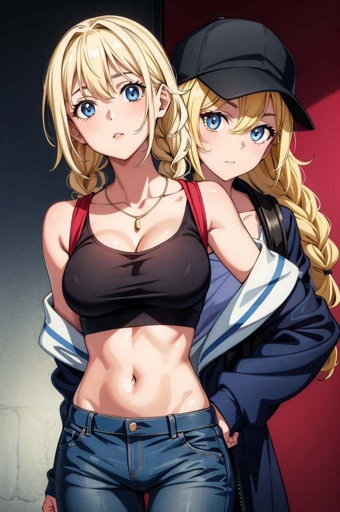 two cartoon characters posing with different expressions and hair styles standing together holding backpacks, hat, breasts, blonde hair, navel, cleavage, blue eyes, crop top, midriff, baseball cap, bare shoulders, off shoulder, red background, looking at viewer, black headwear, backpack, necklace, jewelry, belt, stomach, shirt, bag, braid, medium breasts, pants, headphones, denim, long sleeves, shorts, collarbone, sidelocks, 2girls, cowboy shot, multiple girls