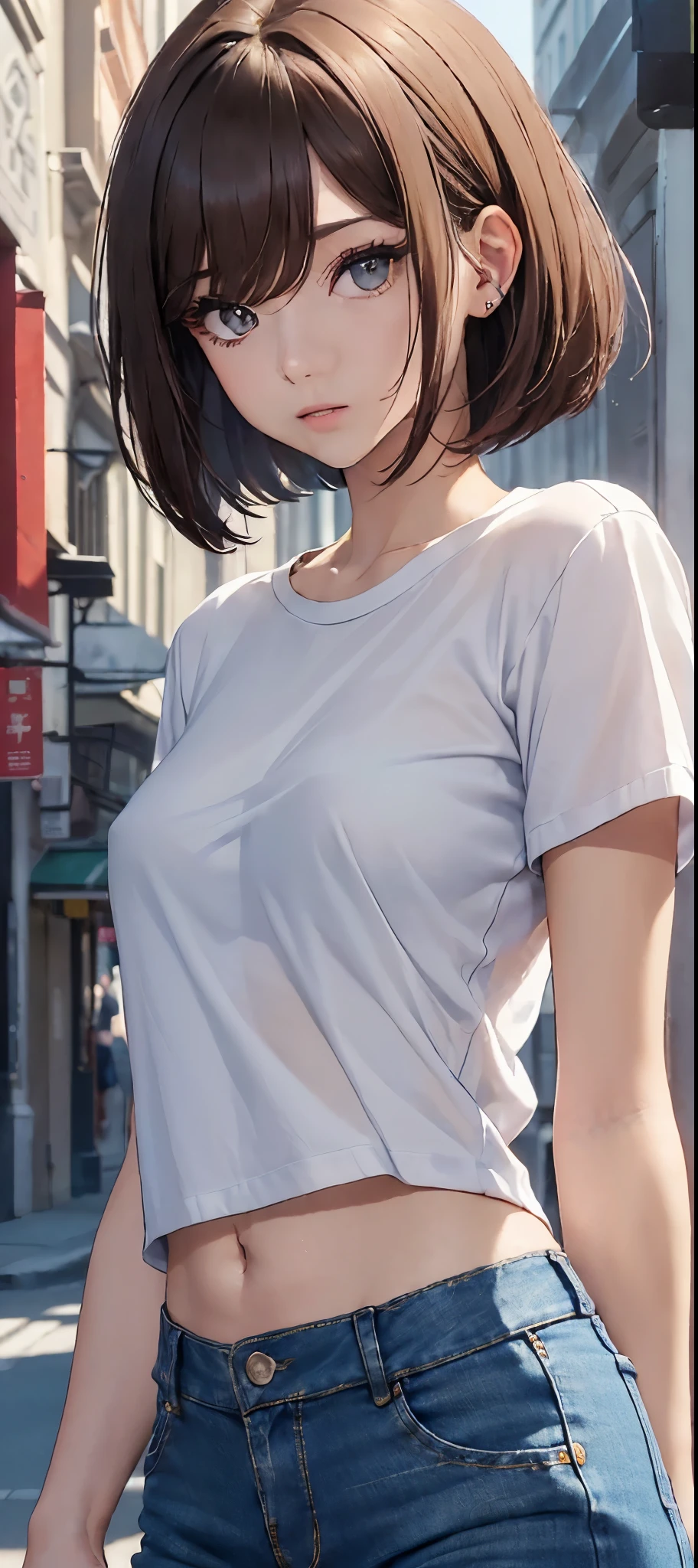 (top-quality、8K、masterpiece:1.3))、sharp focus:1.2、Beautiful woman perfect body:1.4、Slim abs:1.2、((Bob Hair、:1.2))、(White T-shirt、denim:1.1)、(Sateen、a street:1.2)、wetbody:1.5、Three-dimensional texture、A detailed eye、Brown hair、posterior view