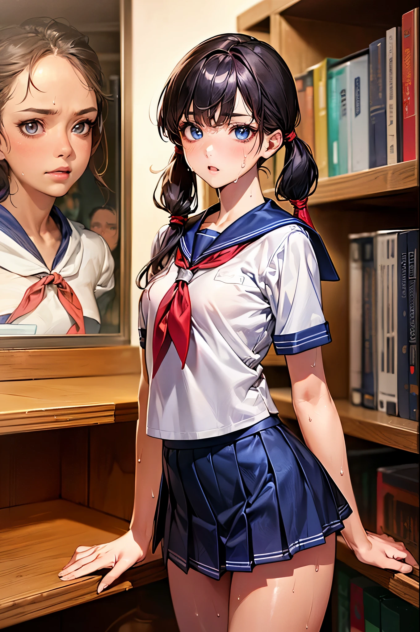 ((perfect anatomy:1.2,realistic:1.3,RAW Photography:1.3,masterpiece、highest quality、Ultra - High resolution、High resolution、Highly detailed CG、8K)),cowboy shot,1 female,solo,18 year old beauty, Japanese、((beautiful detailed face and eyes:1.2,big gorgeous eyes:1.2)),black hair,(2 pigtails hair),bangs,medium breasts,slender body,small head:1.3,skinny,(oily skin,gleaming skin,shiny skin),(sweat:1.5),((School uniform、White sailor suit、Navy blue sailor collar、pleated navy mini skirt、red neckerchief),library、