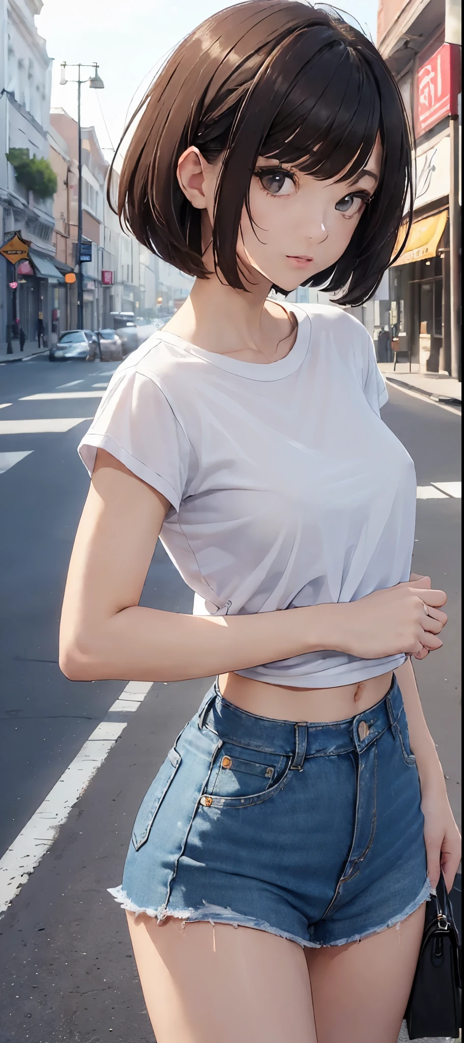 (top-quality、8K、masterpiece:1.3))、sharp focus:1.2、Beautiful woman perfect body:1.4、Slim abs:1.2、((Bob Hair、:1.2))、(White T-shirt、denim:1.1)、(Sateen、a street:1.2)、wetbody:1.5、Three-dimensional texture、A detailed eye、Brown hair、posterior view