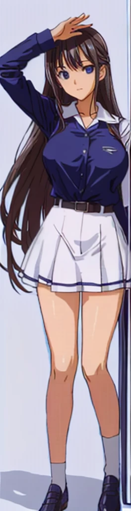 A -yeld bey with big breasts, beautiful legs, and long hair is standing on a bus in a white miniskirt uniform.。