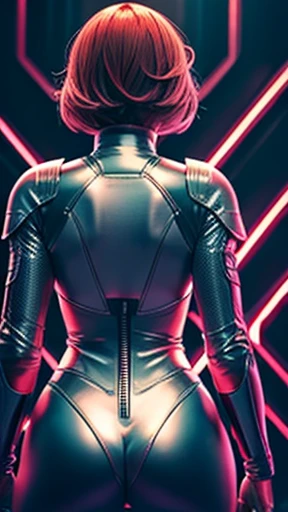 ((whole body)). ((from behind)). (best quality: 1.2),1girl, solo, looking at viewer over shoulders, standing_split,Ayanami Rei, white bodysuit, red eyes, pilot suit, short hair, red hair, bangs, turtleneck, hair between eyes, pixelated background, neon lights, sci-fi color scheme, vivid colors, huge chest, tiny waist, wide hips, metallic texture, detailed shading, holographic interface, dark atmosphere, high contrast, sharp focus, locks of hair, reflective surface, exquisite details, high resolution, studio lighting, red details, illuminated environment, artificial intelligence assistant