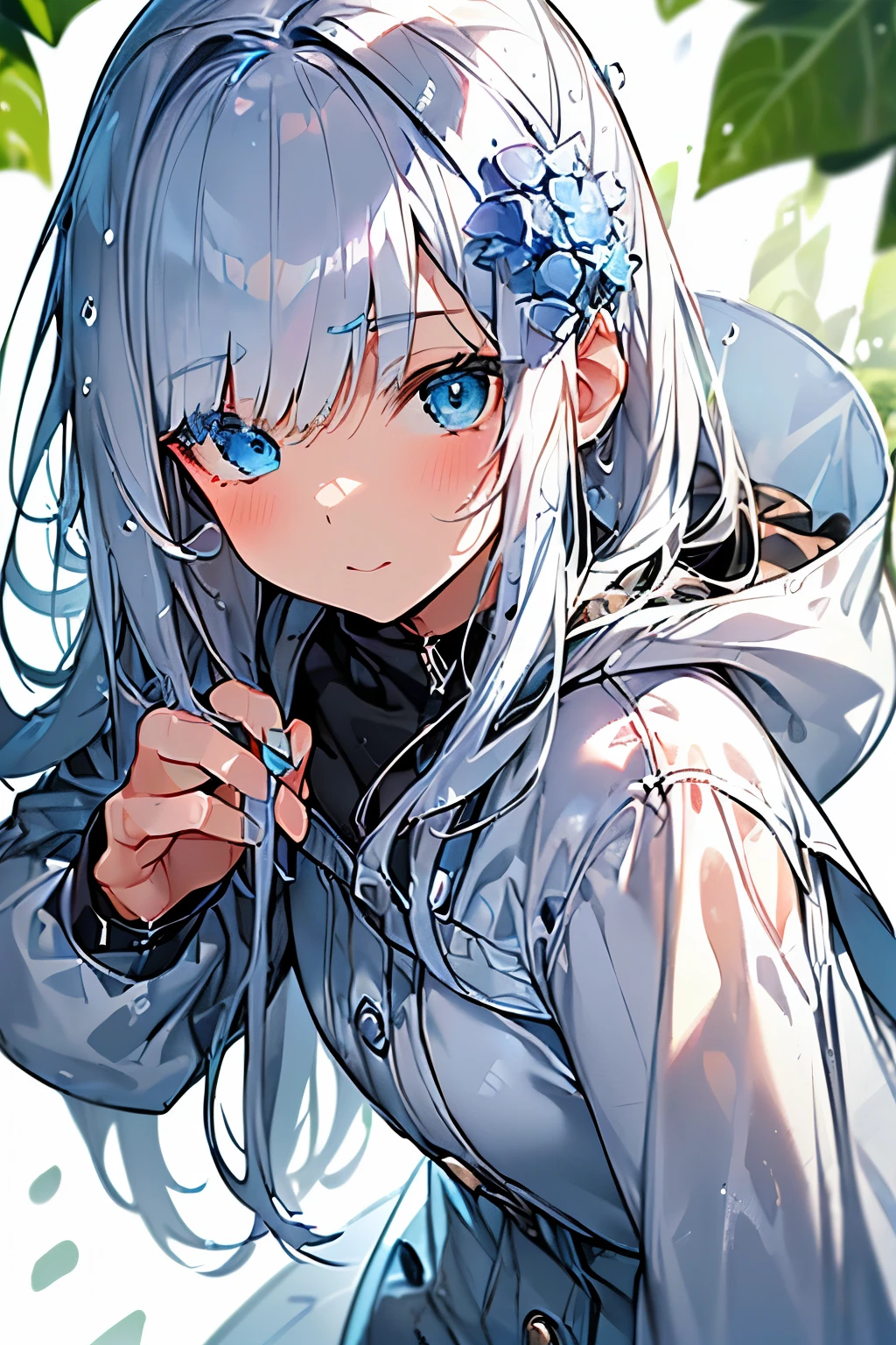Best quality、photorealistic、super detail、delicate、orderly、high detail、bluish silver ponytail、(droopy iris of heterochromia,glowing eyes:1.3)、slender、(1 girl:1.2)、(dynamic angle、Blue hydrangea、Girl wearing a rain parka、get wet、cinematic concept art、white background、beauty of nature:1.3)、