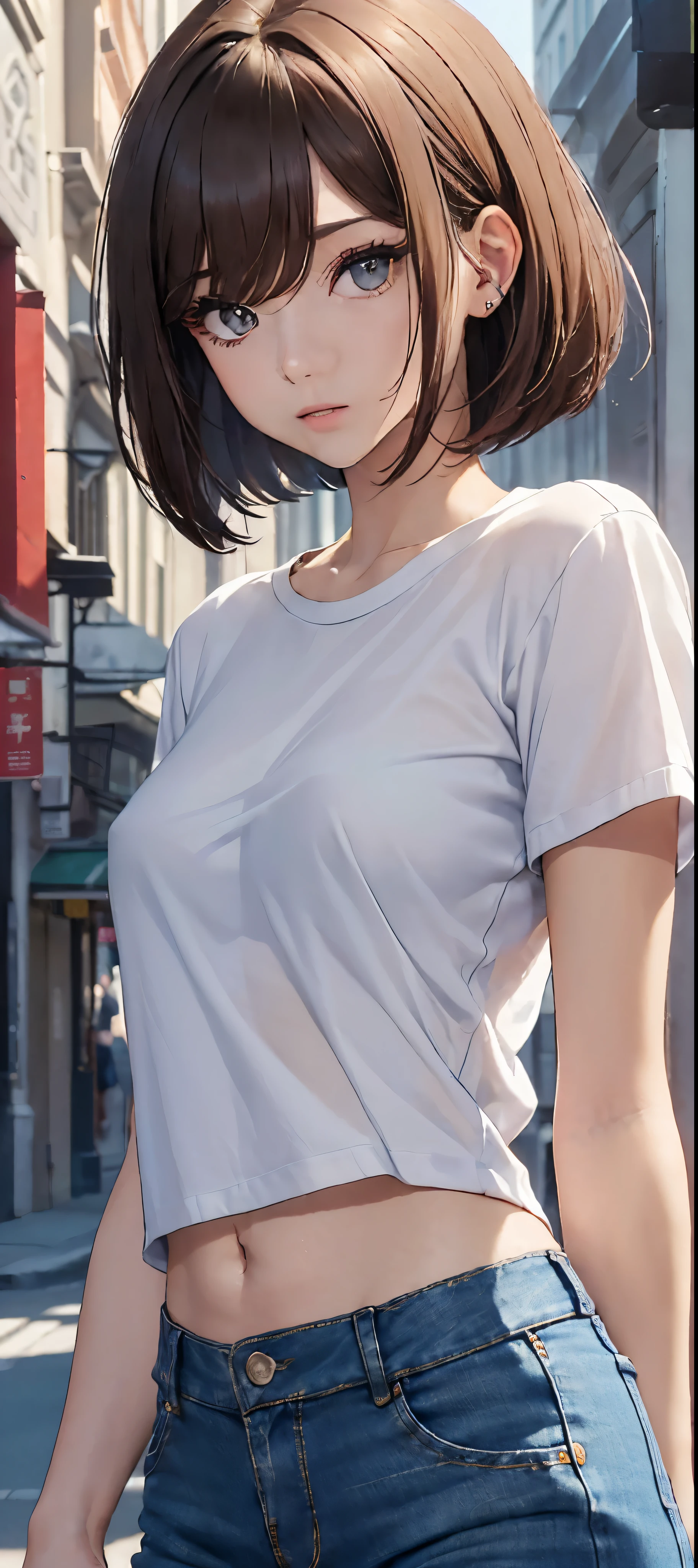 (top-quality、8K、masterpiece:1.3))、sharp focus:1.2、Beautiful woman perfect body:1.4、Slim abs:1.2、((Bob Hair、:1.2))、(White T-shirt、denim:1.1)、(Sateen、a street:1.2)、wetbody:1.5、Three-dimensional texture、A detailed eye、Brown hair、posterior view