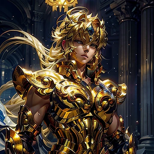 Saint SeiyaGenerated by Wensheng's Picture Prompt AI  beefy armored warrior Gold Cross Equipped  blonde beauty

Golden aura emanating from the warrior 
Blonde beauty with flowing locks 
Elegant and radiant, the warrior's divine presence 
Gold Cross symbol gleaming on chest 
Striking figure of strength and grace 
Realistic depiction of muscle definition and armor texture 
Blonde beauty's face, exuding a gentle yet determined expression 
Ultra-fine details showcasing every curve and crease of armor 
Photorealistic rendering, capturing every aspect of the scene 
Best