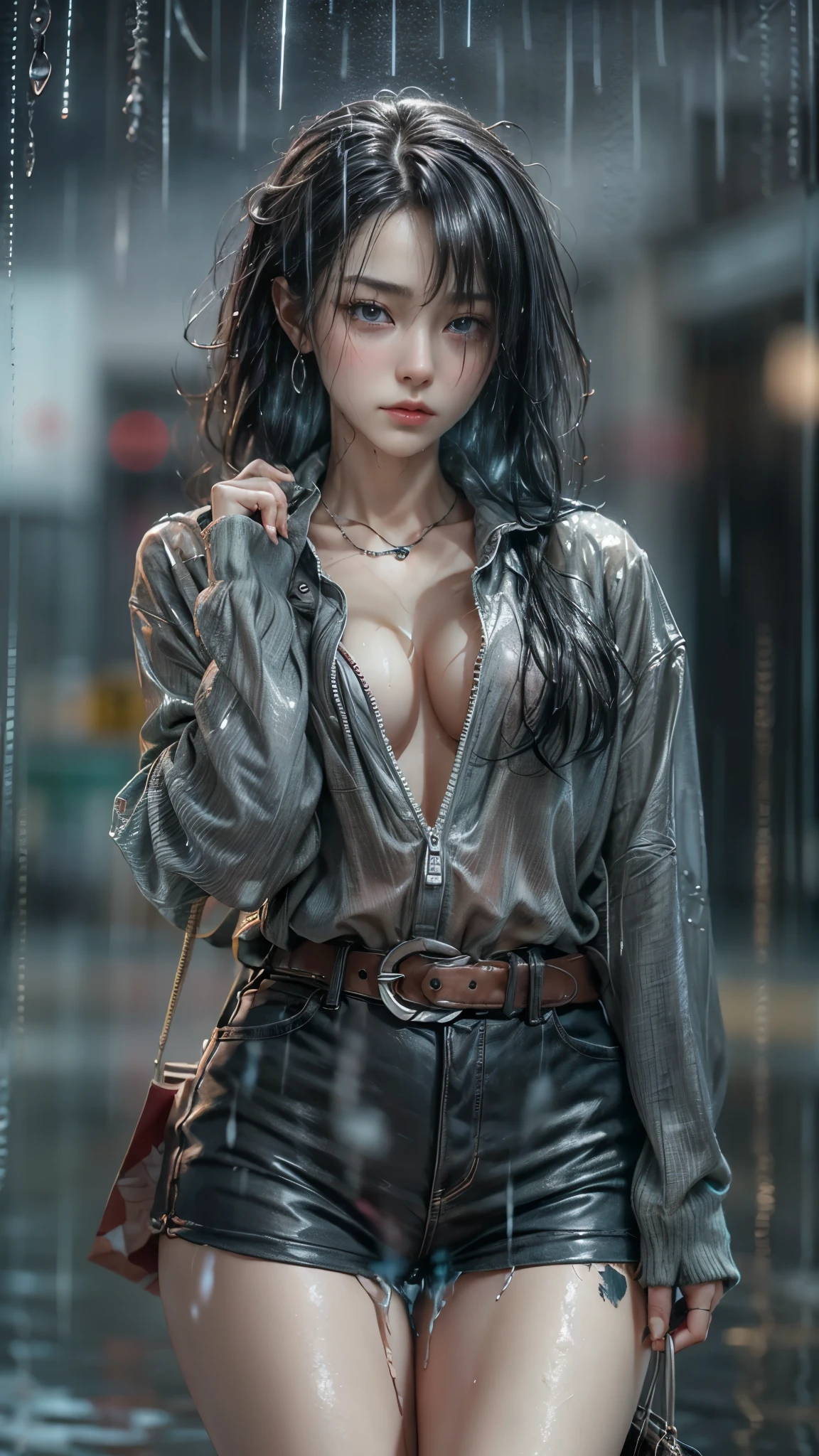 (Photoreal:1.5, 8K, highest quality:1.3, masterpiece, ultra high resolution), ((Typhoon heavy rain)), Highly detailed skin and facial textures:1.3, perfect dynamic composition:1.2, (Modern city at night, In front of the supermarket at night, expression of sadness:0.7), Tears are flowing:0.7, cry with a broken heart:0.7), Slim office lady wet in the rain:1.2, cowboy shot, Fair skin:1.2, sexy beauty:1.1, perfect style:1.2, beautiful and aesthetic:1.1, very beautiful face:1.2, water droplets on the skin, (rain drips all over my body:1.2, wet body:1.2, wet hair:1.3), (Holding a wet shopping bag:1.2, How to wear wet casual clothes correctly:1.3), belt, (Medium chest, Bra is transparent, Chest gap), (Big eyes that exude beautiful eroticism:0.8, adult charm:0.8, Bewitching:0.8), necklace, earrings, bracelet, wedding ring, Highly detailed and accurate hand and finger representation