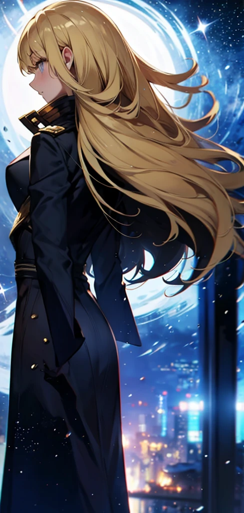 blonde woman，long coat，Rear view，silhouette，starry sky，full moon，